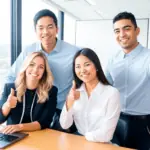 Happy online marketing clients giving thumbs up in offie