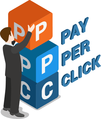 PPC Pay-per-click Ads Google Advertising Services Man with PPC blocks