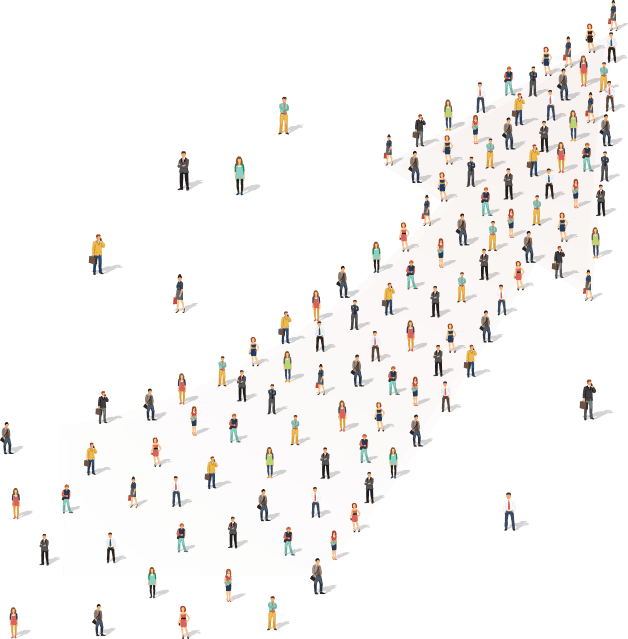 Analytics New GA4 Migration up and to the right graphic made of people