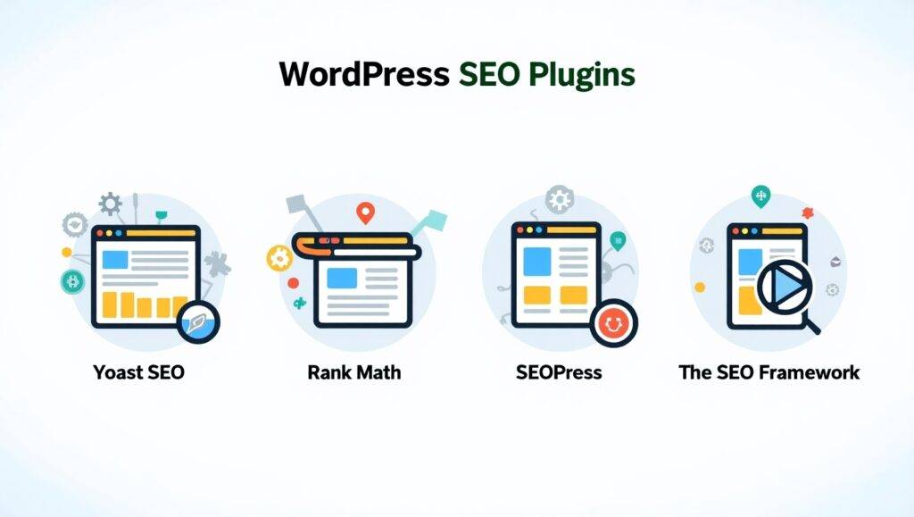 Comparison of Best SEO pluggins for Wordpress including Yoast SEO, Rank Math, SEOPress, and The SEO Framework, highlighting features, pros, and cons.