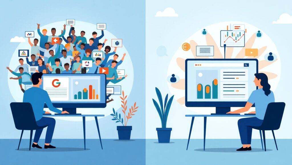 Split-screen illustration showing a crowded Google Ads environment on the left with high competition and a calmer Microsoft Advertising environment on the right, highlighting the opportunity for businesses to diversify ad spend.