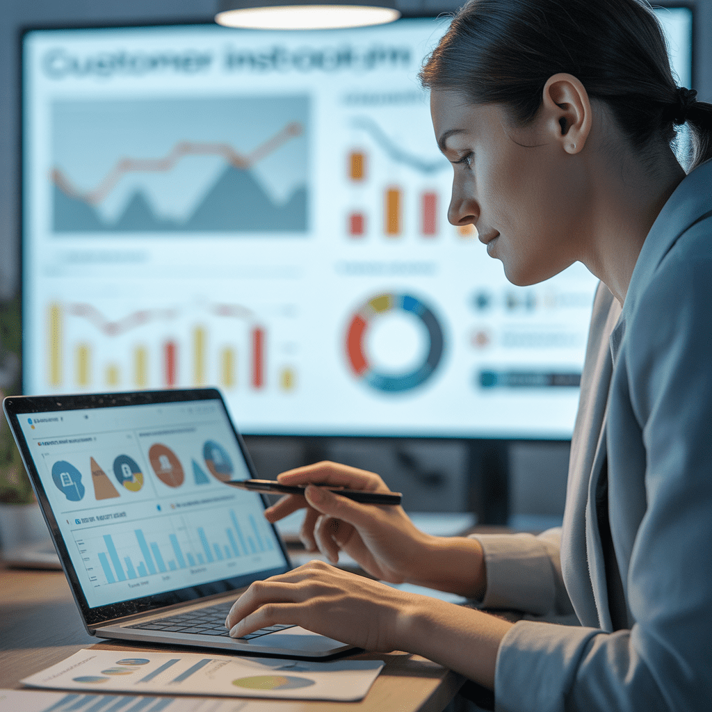 Marketing professional analyzing audience data on a laptop with charts and customer insights displayed on screens in a modern workspace.