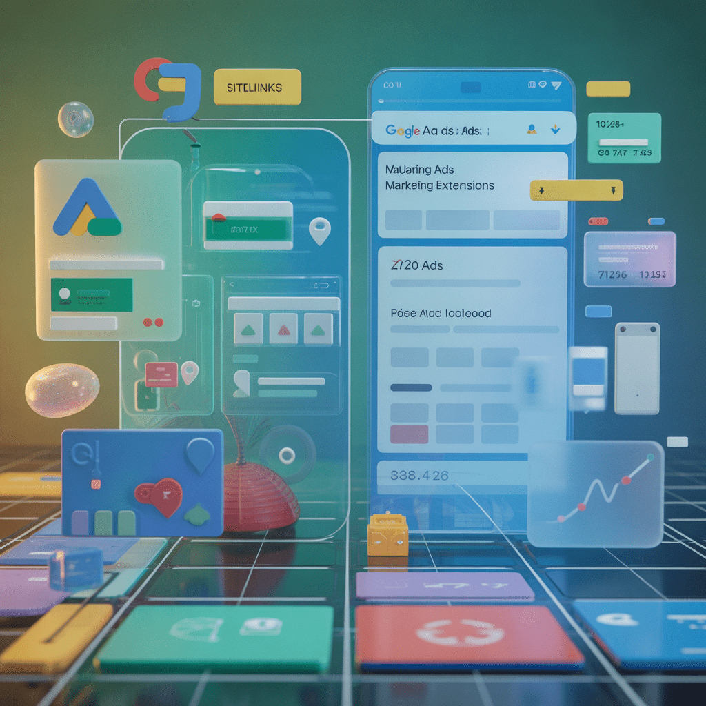 Futuristic 3D digital illustration showing Google Ads dashboard elements, extensions, analytics, and mobile ad previews