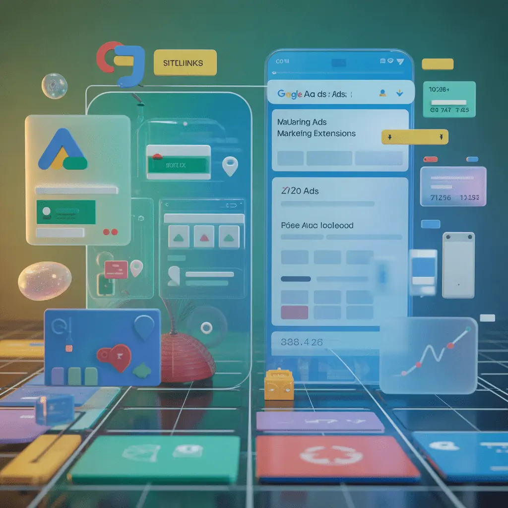 Futuristic 3D digital illustration showing Google Ads dashboard elements, extensions, analytics, and mobile ad previews