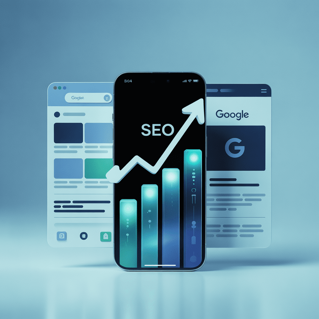 Mobile phone displaying SEO growth chart with Google search screens in the background representing mobile-first SEO optimization