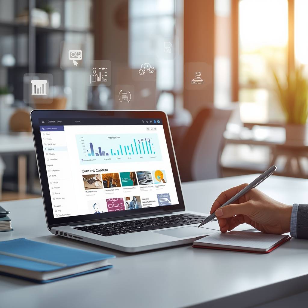 Digital workspace with a laptop displaying a website content dashboard surrounded by floating content icons, used for planning and creating website content.