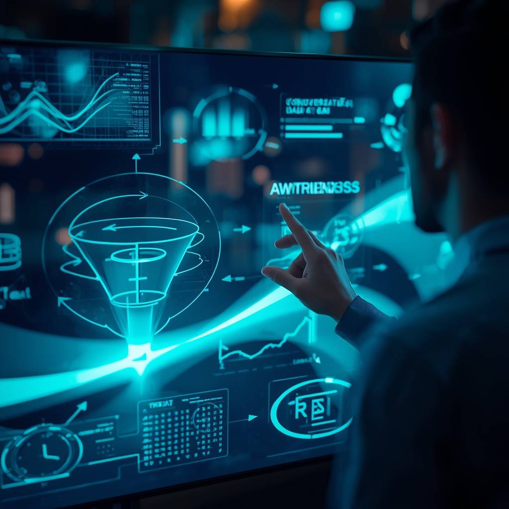 A marketer interacting with a futuristic digital dashboard displaying a sales funnel, analytics charts, and conversion metrics.