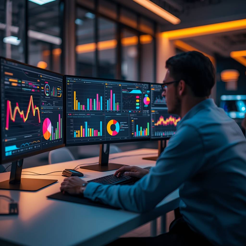 A PPC manager analyzing marketing dashboards on multiple monitors in a modern digital marketing workspace.